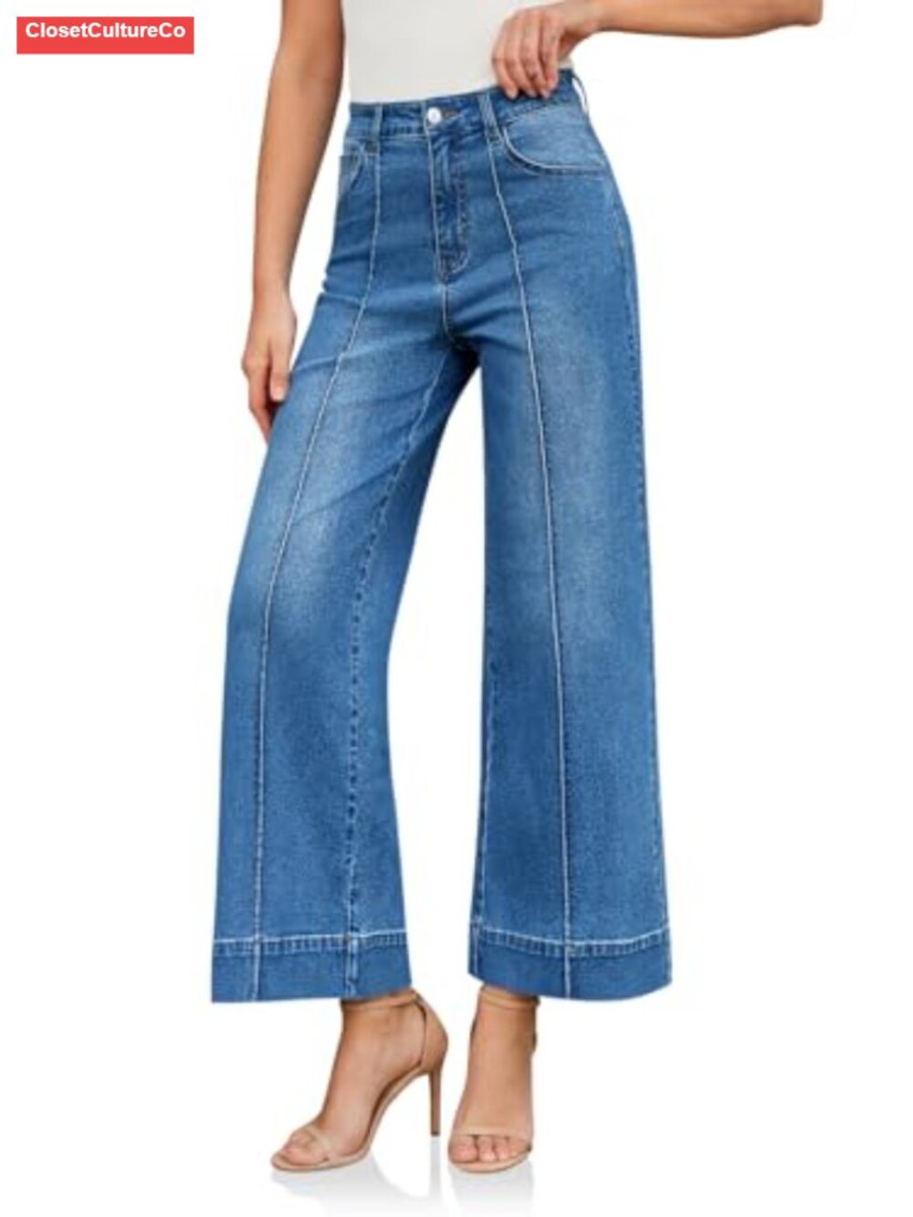 High Waisted Cropped Wide Leg Baggy Jeans Stretch Denim